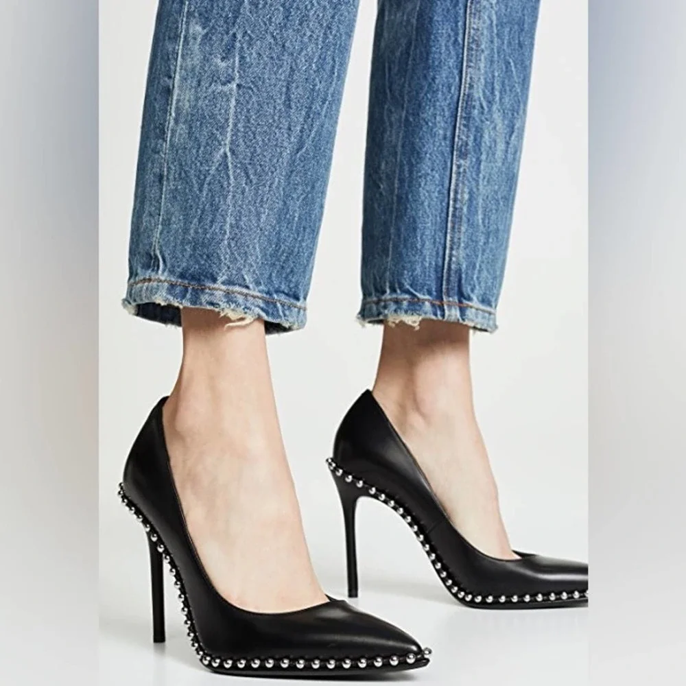 Alexander Wang Studded Black Pumps Pointed Toe Heel Leather Rie SZ 35 US 5 - Picture 13 of 13